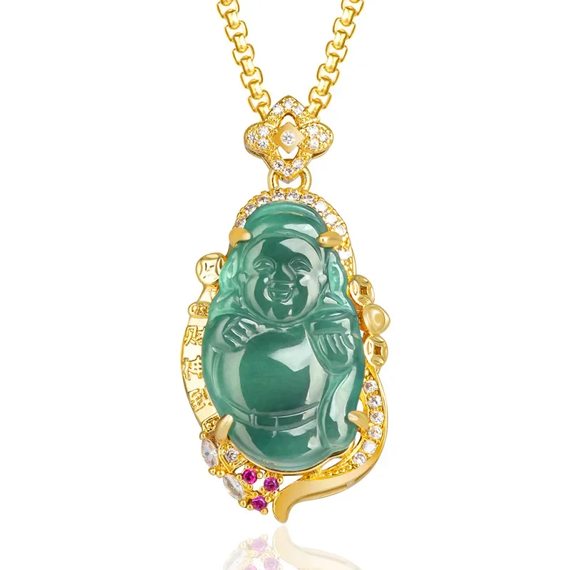 

Blue Jadeite God of Wealth Pendant 18K Gold Plated Necklace Jewelry Talismans Accessories Vintage Natural Real Burmese Jade