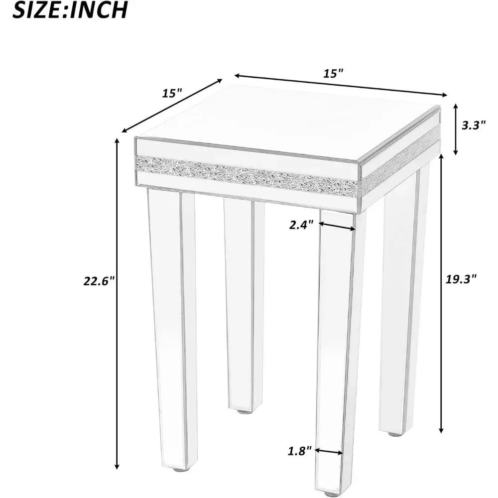 Glass Mirrored Coffee Table with Crystal Design, Set of 3, Rectangle Cocktail Table and 2 End Tables for Living Room Apartment