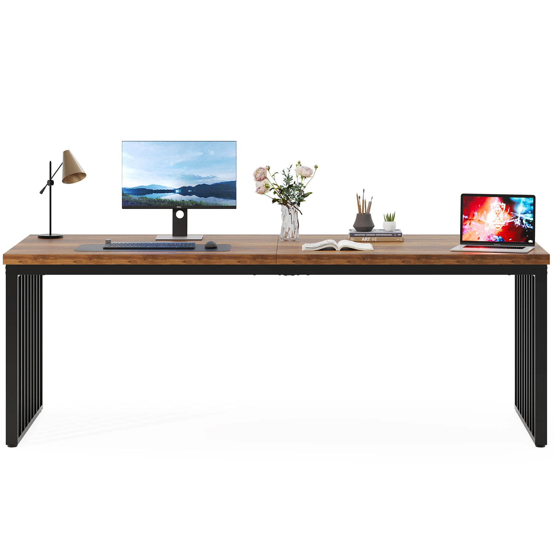 LITTLE TREE 2-persoons bureau met metalen frame, 180 cm dubbel bureau voor twee personen, industriële lange computer-schrijftafel - afbeelding 2