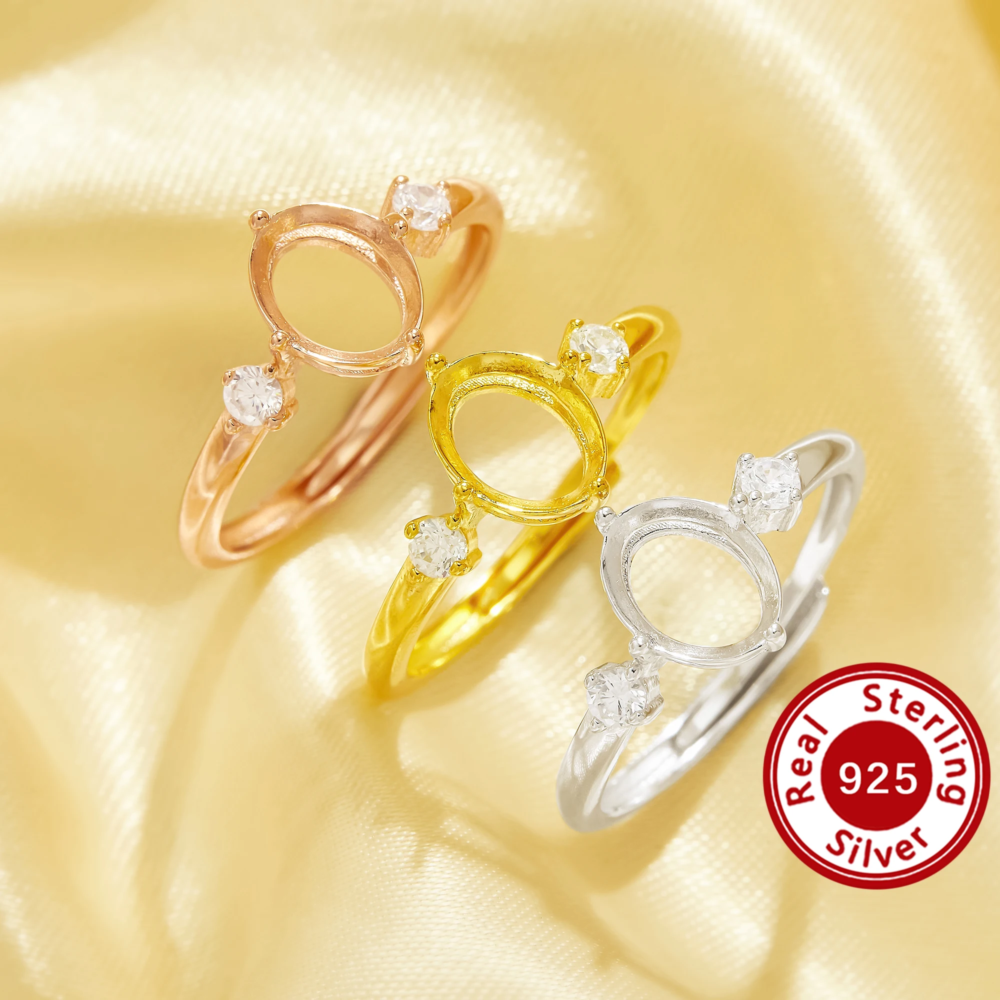 

Настройки для колец с овальными зубцами 6x8 мм, твердое кольцо из стерлингового серебра 925 пробы с покрытием из розового золота с тремя камнями, принадлежности для колец своими руками 1224228