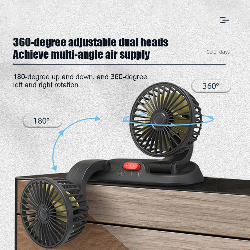 

5/12/24V Electric Car Fan Dual Head Mini Air Circulators 360 Rotatable 2 Speed USB for Car Truck SUV RV Cranes