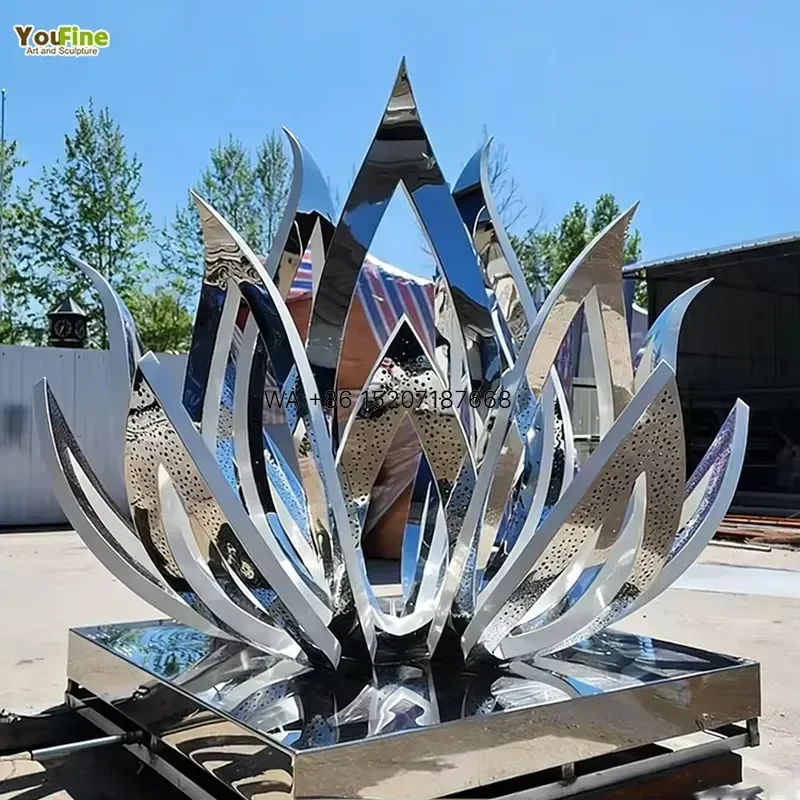 Wmwmnu Stainless Steel Lotus Flower Fountain Sculpture Multi Layer Perforated Petals with LED Light Water Outdoor Garden