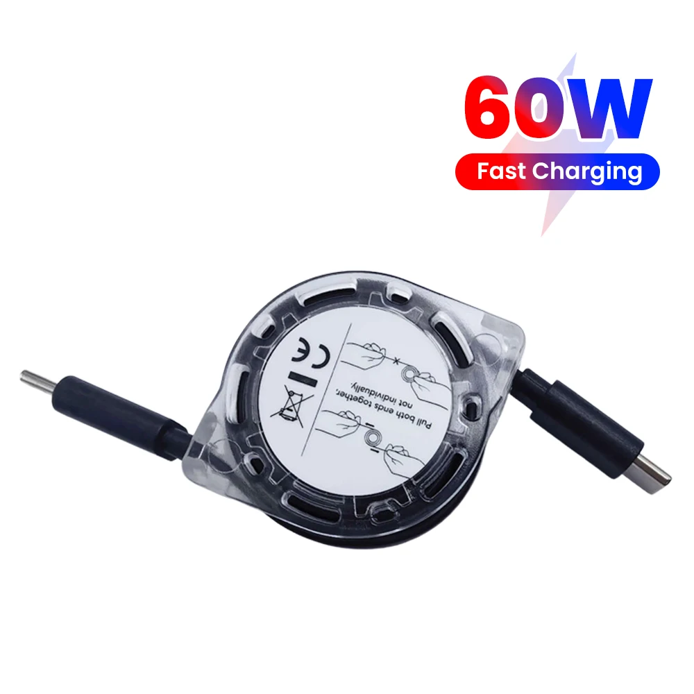 PD 60W Type C Retractable Fast Charging Data Cable Multi-Functional 2-in-1 Car Charger Cable For iPhone 15 16 17 Huawei Samsung
