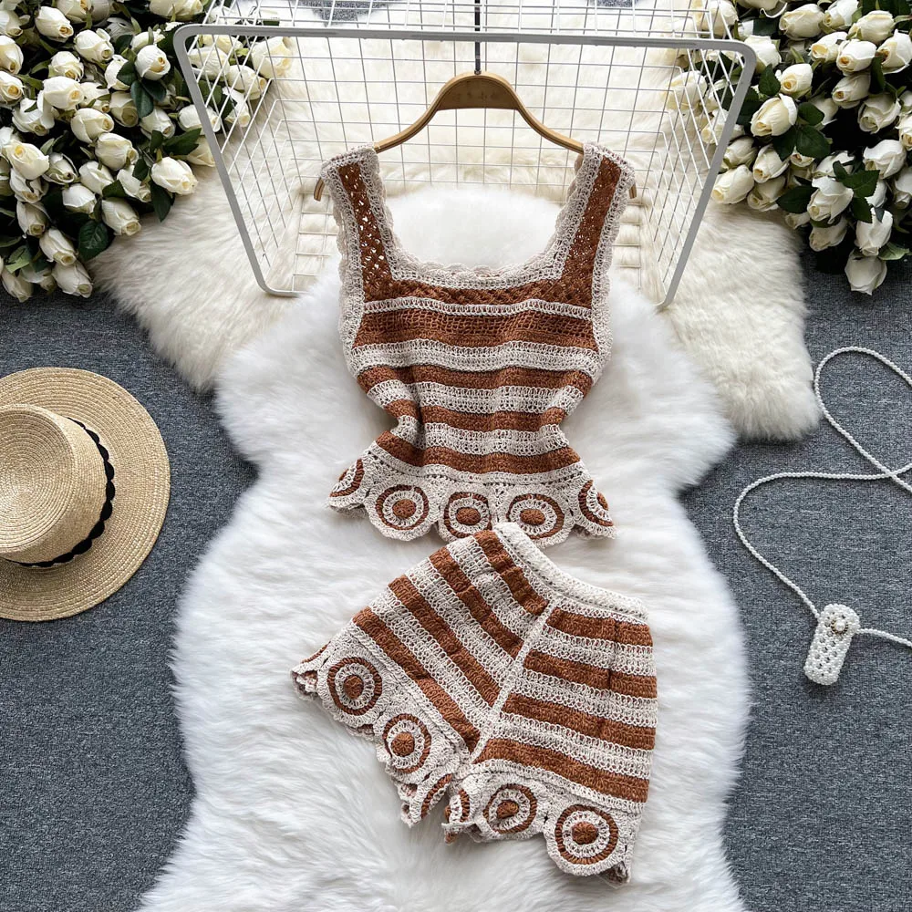 Dwuczęściowy zestaw damskich dwuczęściowych dzianinowych spodenek w stylu Vintage garnitur Casual Camisole topy i szorty 2-częściowy stroje