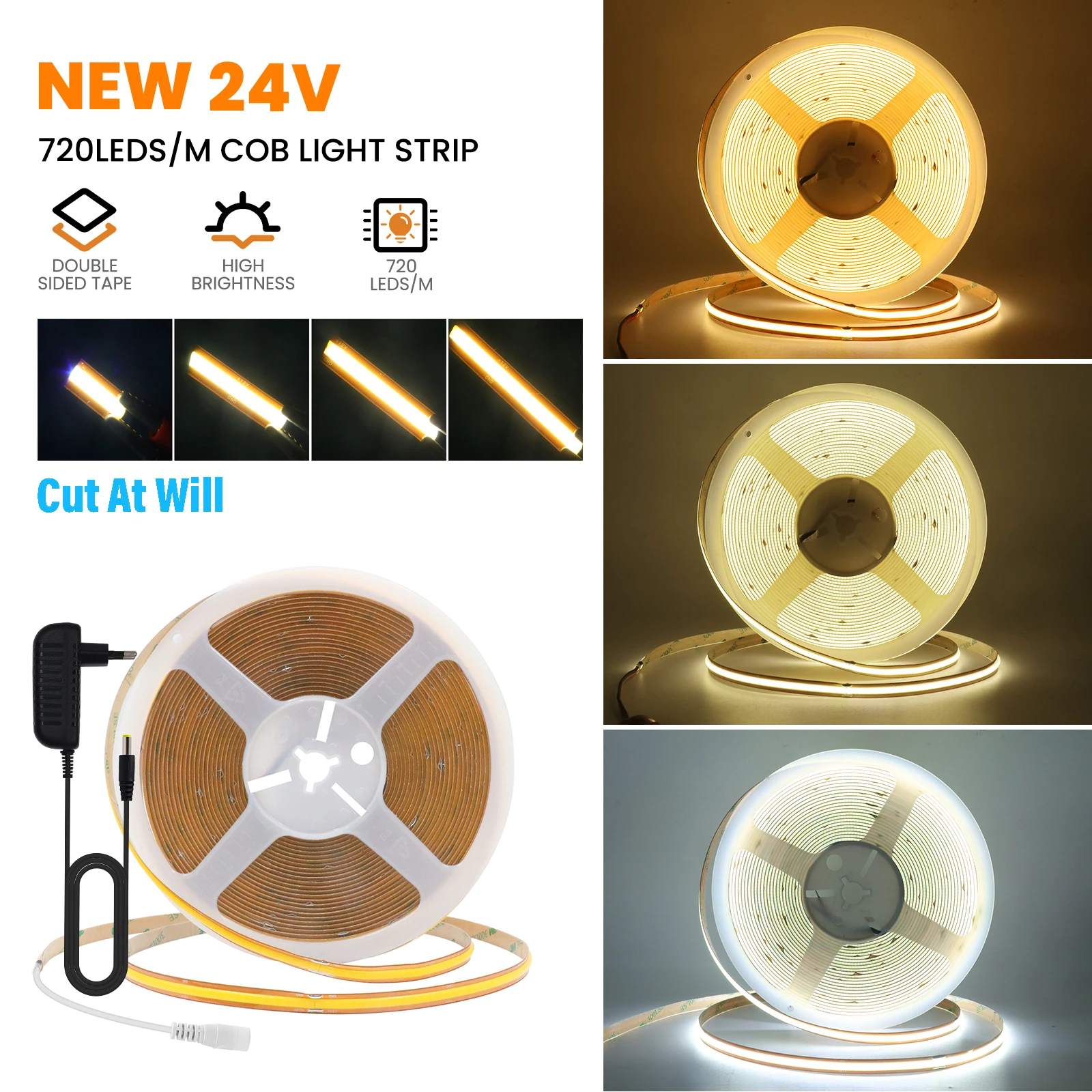 Cut Freely 720 LEDs/M COB LED Strip Light DC 24V Linear Lighting DIY Flexible Tape Warm Natural Cool White With Power Supply