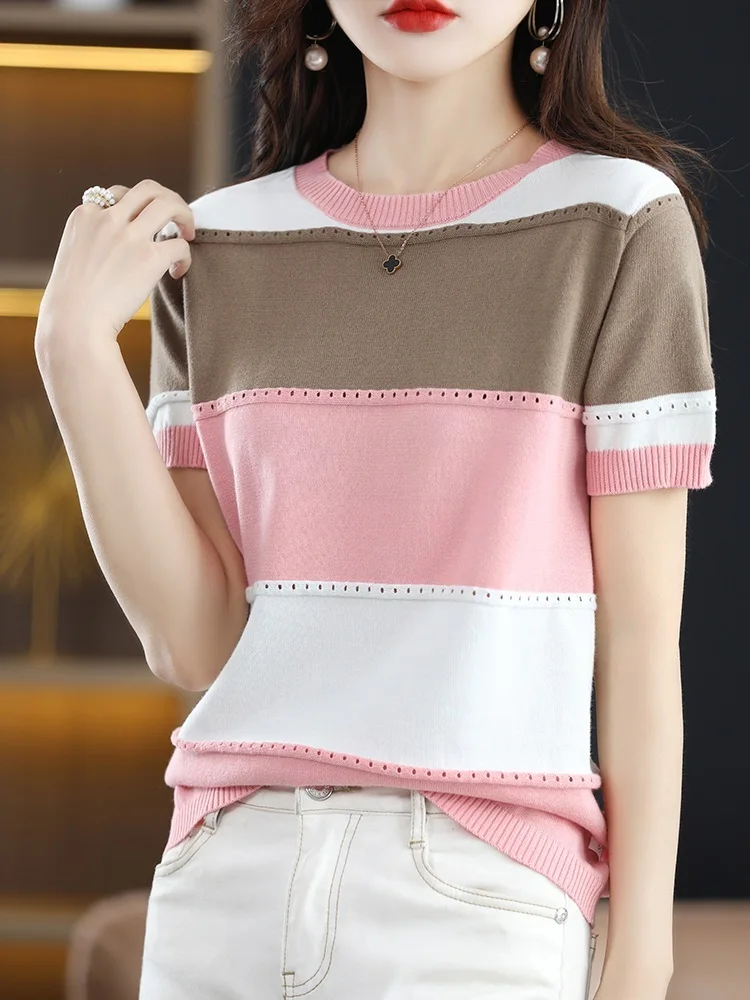 TuangBiang 2023 Eyelet Biue Pink Striped Cotton Knitting T-Shirts Hollow Out Women Short Sleeve Pullovers Elastic Patchwork Tops