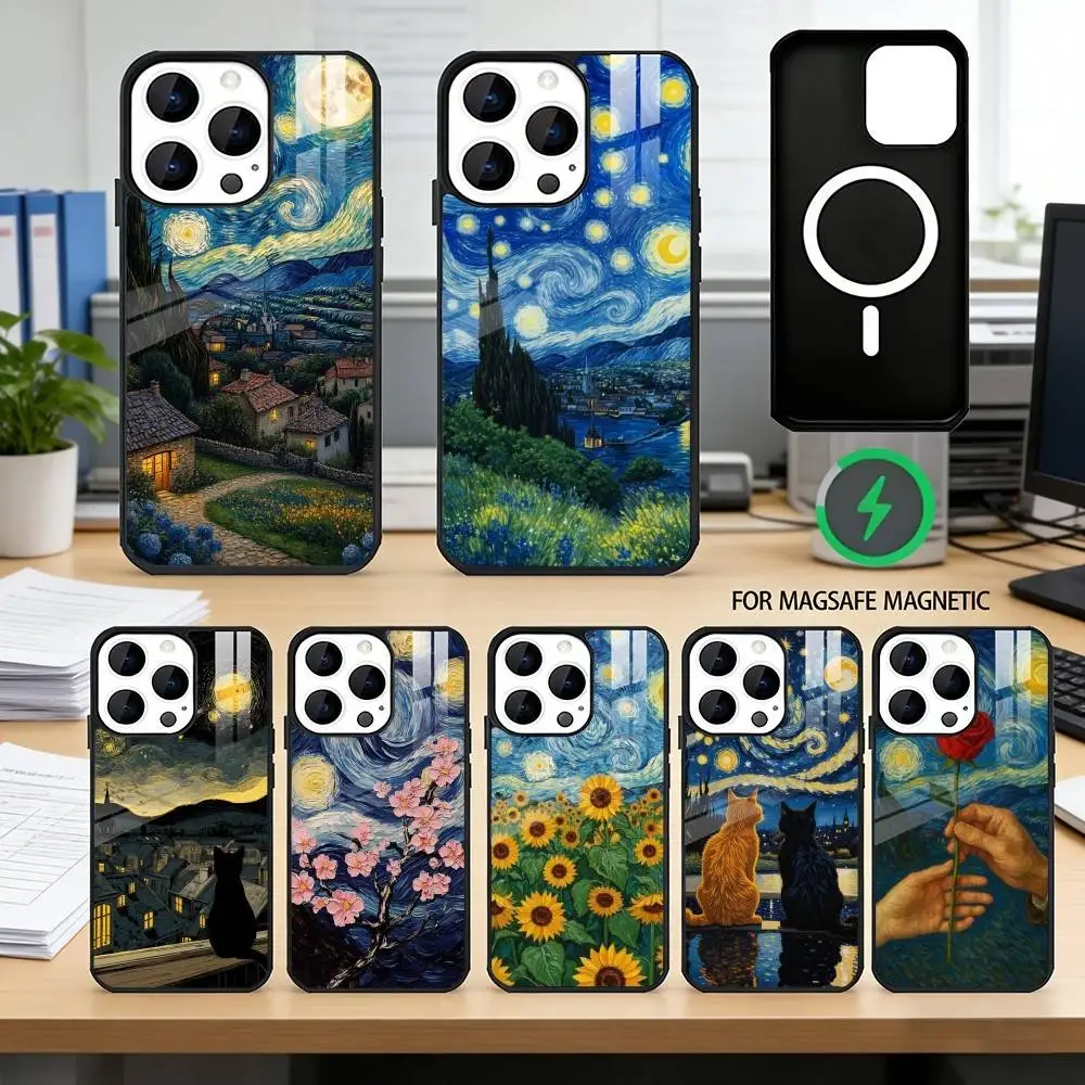 

Чехол для телефона Van Gogh The Starry Night для iPhone 17, 16, 15, 14, 13, 12, 11 Plus, Pro, магнитный, для беспроводной зарядки Magsafe