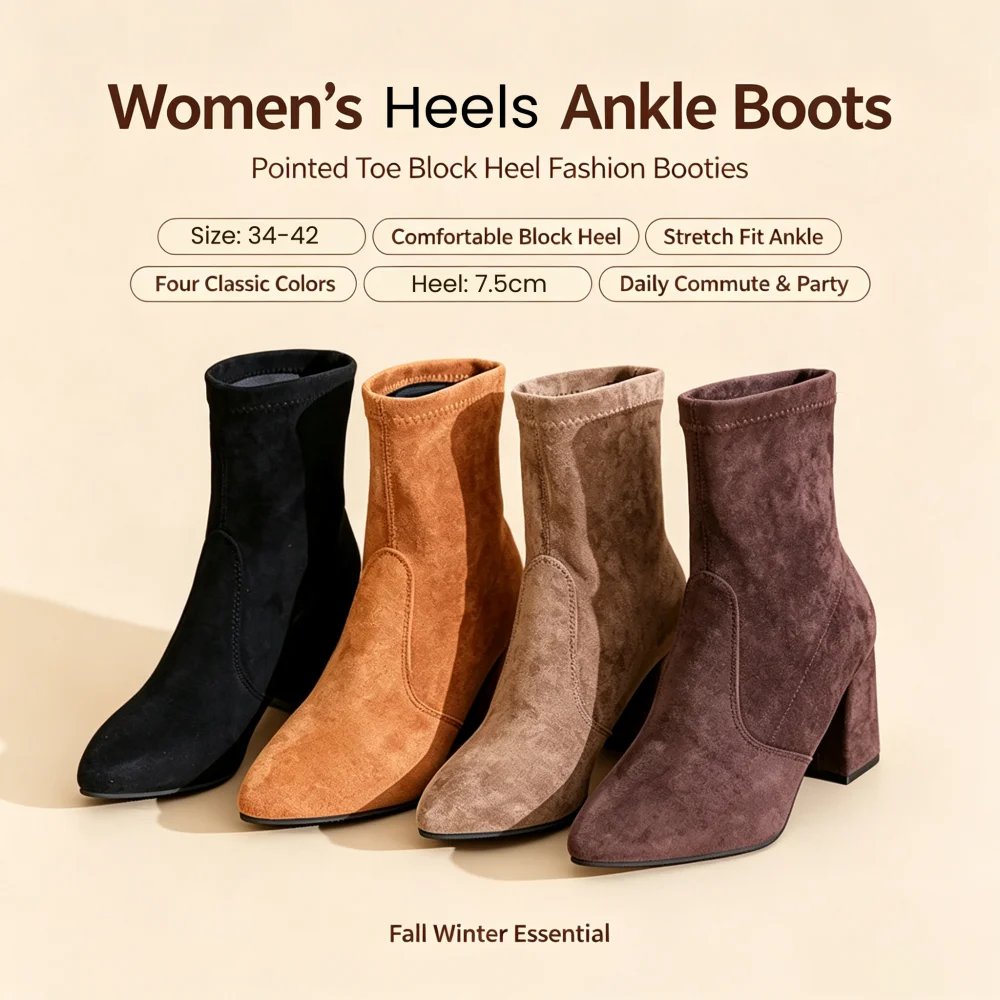 Women Stretch Ankle Boots Pointed Toe Block Heel Sock Booties Ladies Autumn Winter Elastic Slim Fit High Heels Boots 4 Colors A