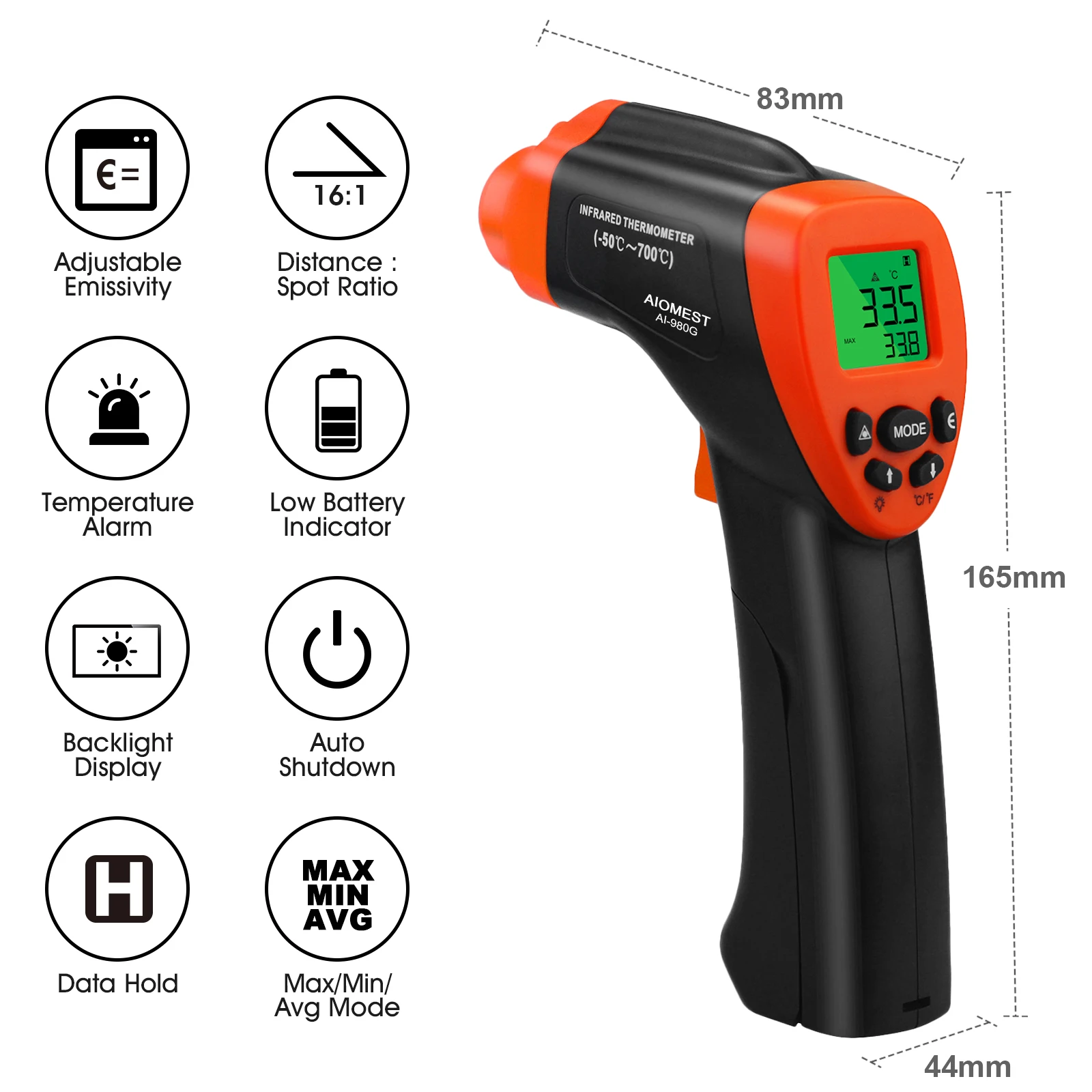 AI-980G Infrared Thermometer, Handheld Heat Temperature Gun for Cooking -50℃ to 700℃(-58 to1292℉) for Kitchen Pizza Oven, Grill