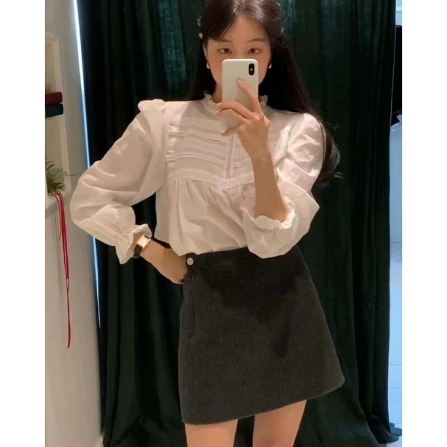   Micaot Love~ Wiosna 2024 Damska Długa Sukienka Patchworkowa Stójka Koronkowe Wykończenie Drewniane Uszy Falbanka Słodka Sukienka