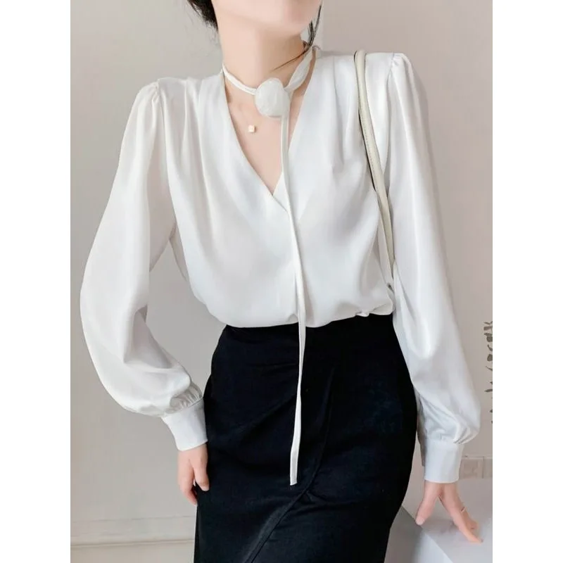 Temperament Chiffon Loose Blouse Spring Autumn New Long Sleeve V Neck Solid Elegant Shirt Tops Fashion Korean Women Clothing