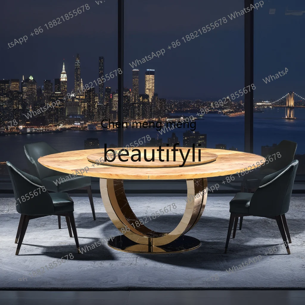 طاولة طعام حجرية فاخرة من الرخام الطبيعي الإيطالي الراقية ذهبية الساق مضيئة اليشم طاولة مستديرة مزدوجة H #3