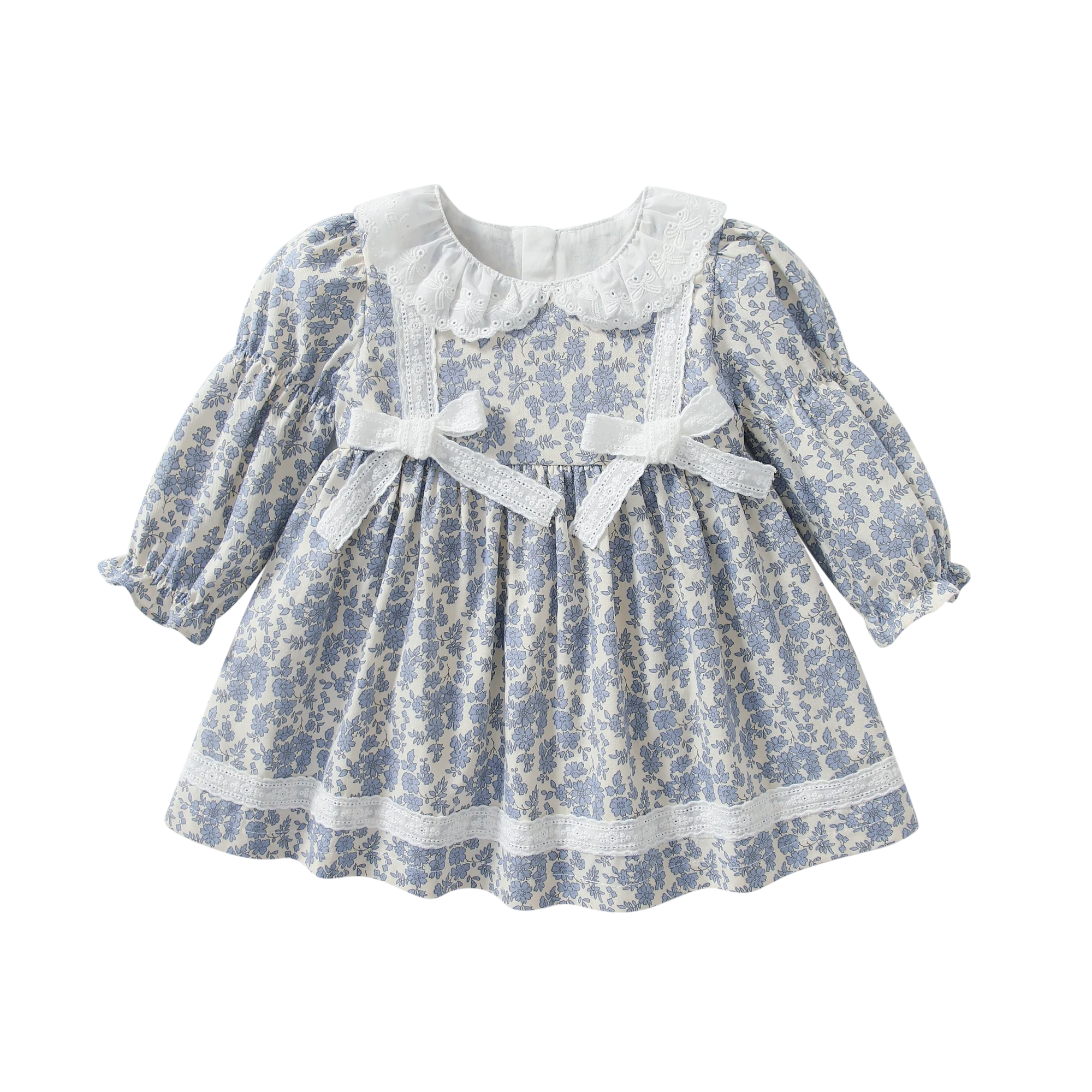 

Sweet Baby Girls Floral Princess Dress Lace Collar Long Sleeve Casual A-Line Dresses Spring Autumn Cute Girls Bow Dress