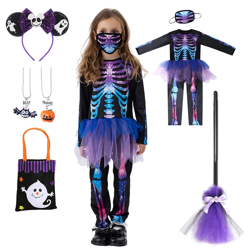 Nowe dziecięce kostiumy nadrukowana czaszka Zombie Cosplay dla dzieci kostiumy karnawałowe dziewczęce jednoczęściowe rajstopy maskowe złego diabła