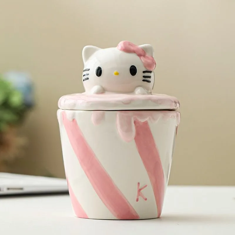 Sweet Hello Kitty Anime Kawaii Sanrio Ins Mode Keramische Mok met Cover Leuke Cartoon Creatieve Cup Verjaardagscadeaus Speelgoed