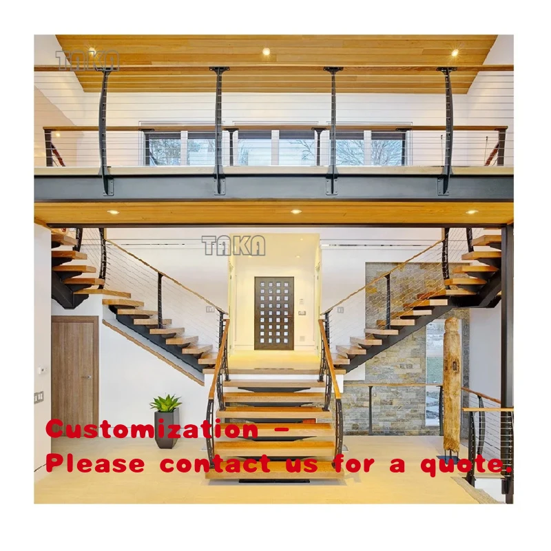 custom.Simple Wood Tread Staircase Modern Interior Stairway Wooden Step Indoor Tempered Glass Straight Stair