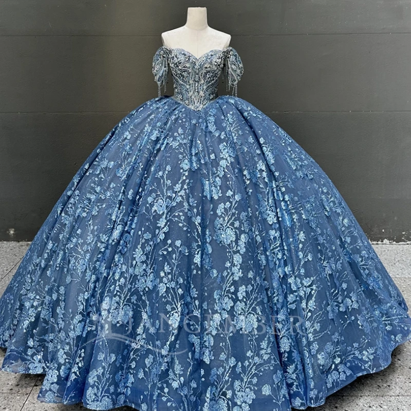

Navy Blue Shiny Quinceanera Dresses Ball Gown Off The Shoulder Sequin Applique Lace Beading Tull Party Birthday Sweet 16 Dress