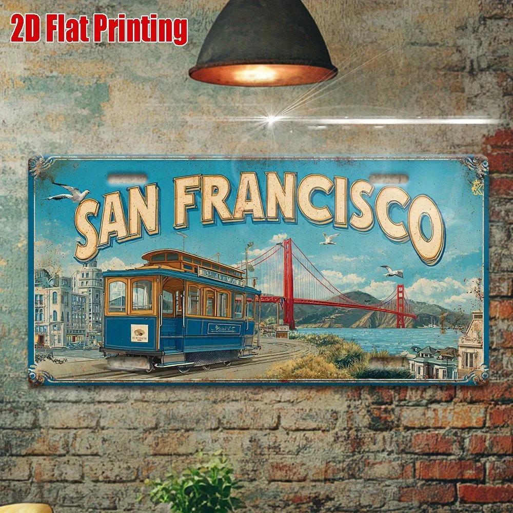 San Francisco Golden Gate Bridge & Cable Car Vintage Themed Aluminum Metal Sign 2D Flat Printing Retro License Plate Style Wall
