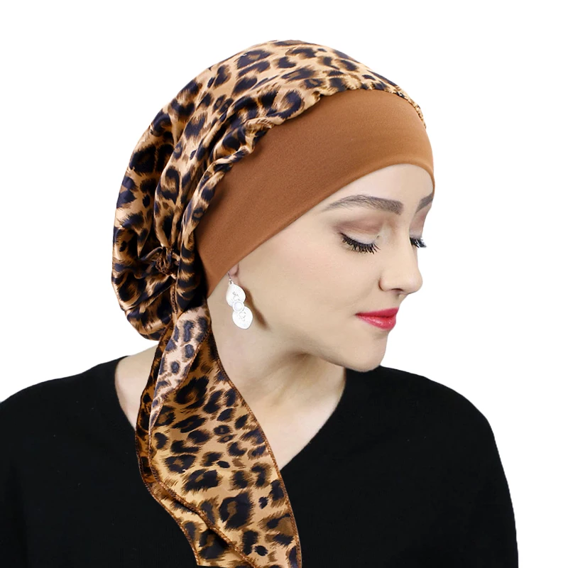 Women Satin Printed Turban Hat Stretch Wide-brimmed Nightcap Fashion Pre-tie Turban Wrap Head Cap Casual Durag Pirate Hat