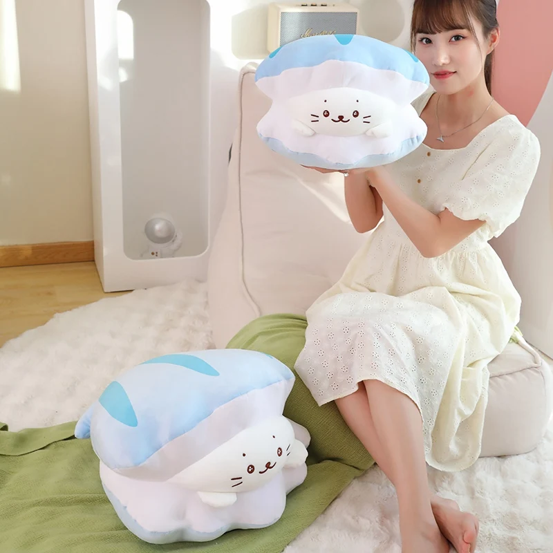 Squishy Blue Shell White Seal Doll Plush Toy Stuffed Funny Aquatic Animal Cosplay Kawaii Animal Pillow Back Support Cushion