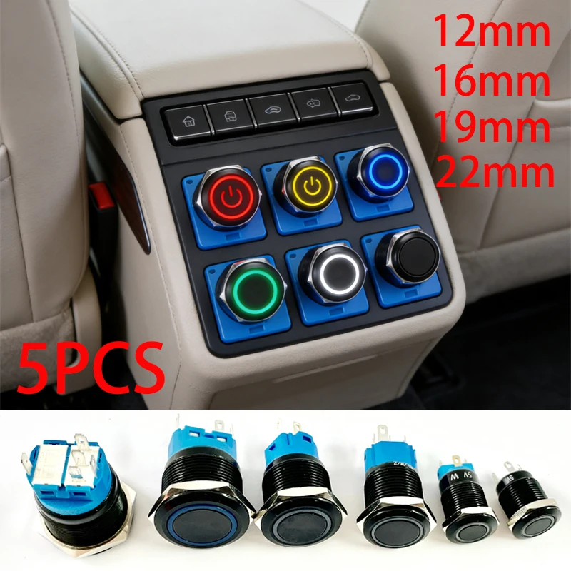 5PCS Black Button Switch 12/16/19/22mm Waterproof LED Metal Self-locking Momentary Switch with Power Identification 5V 12V 220V