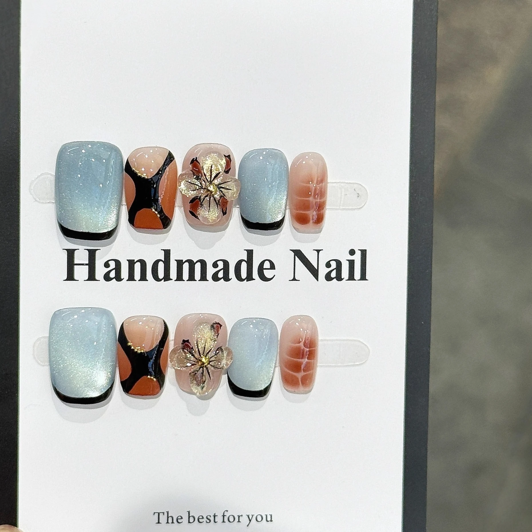 10 szt. Zimowe Kwadratowe Ręcznie Robione Paznokcie Naklejane Niebieskie Kocie Oko Sztuczne Paznokcie Do Noszenia Paznokcie Naklejane z Kwiatami 3D Sztuczne Paznokcie Накладные Ногти