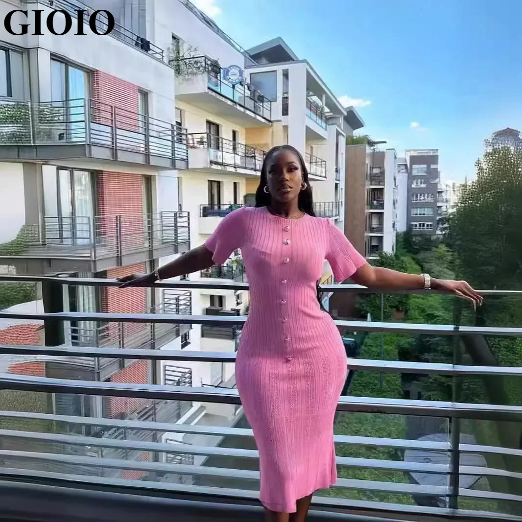 

GIOIO New summer wholesale dress for women short sleeve elegant knitted bodycon dress wrapped midi dress women's clothing