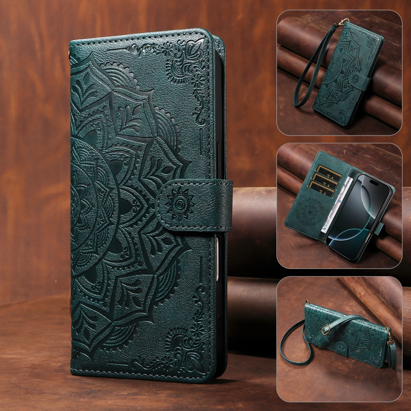 Mandala Lanyard Leather Phone Case For Samsung Galaxy Jean 2 Jump 3 A Quantum 5 Buddy 4 Cossbody Strap 3 Slot Wallet Flip Cover