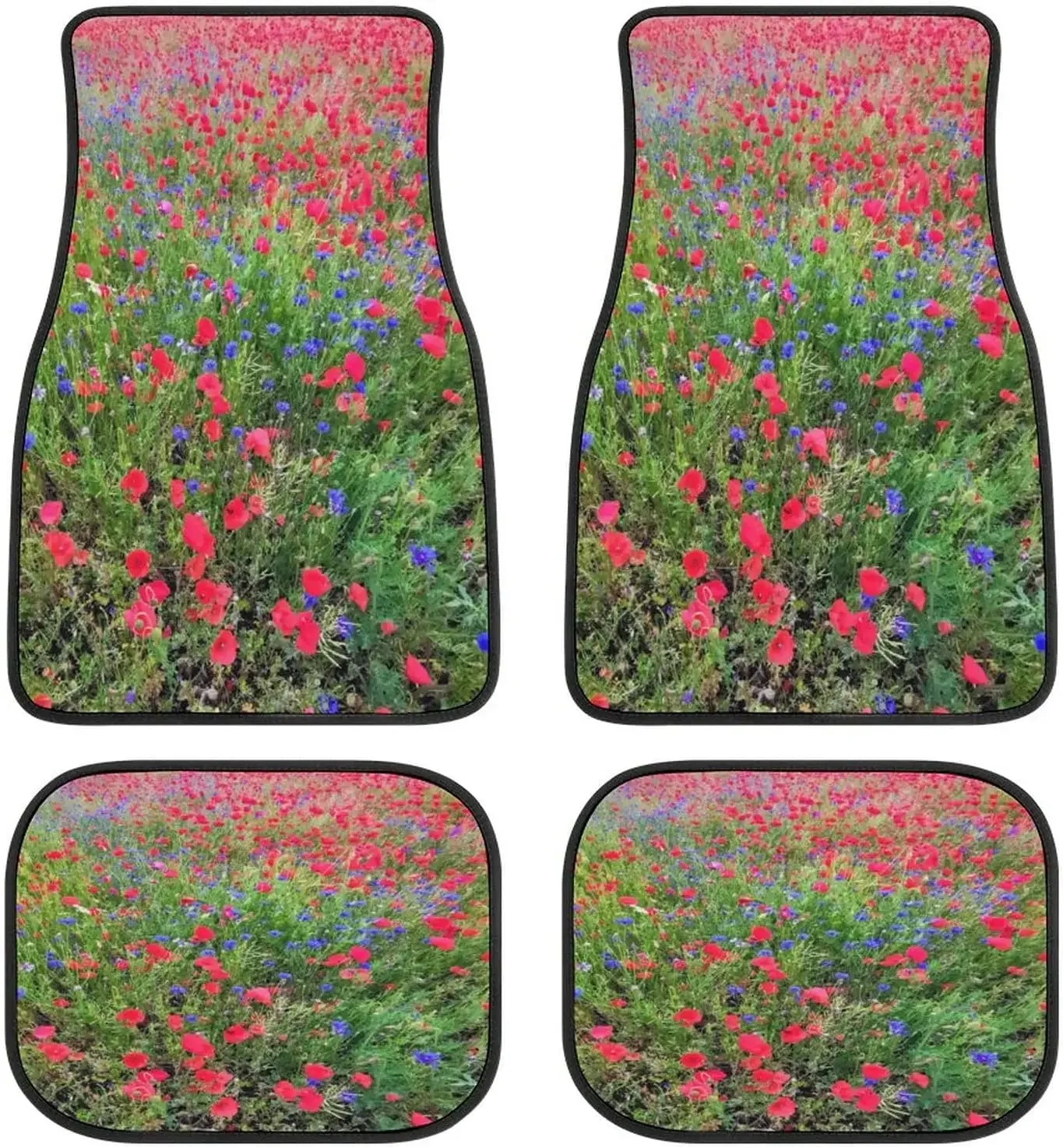 Flower Poppy Field Car Mats Front&Rear 4-Piece Full Set Carpet Car SUV Truck Floor Mats with Non Slip Back