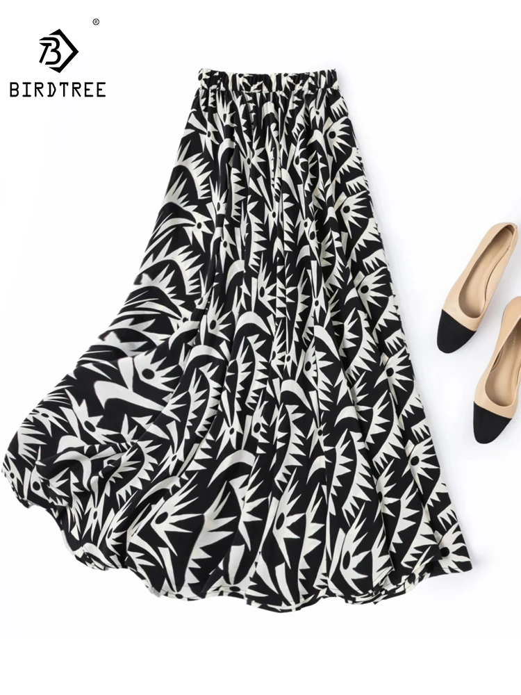 BirdTree-100%Real Silk Double Crepe Elegant Skirts, Elastic Waist Print, Women French Retro A-line Skirt, 2026 Summer B66167CC