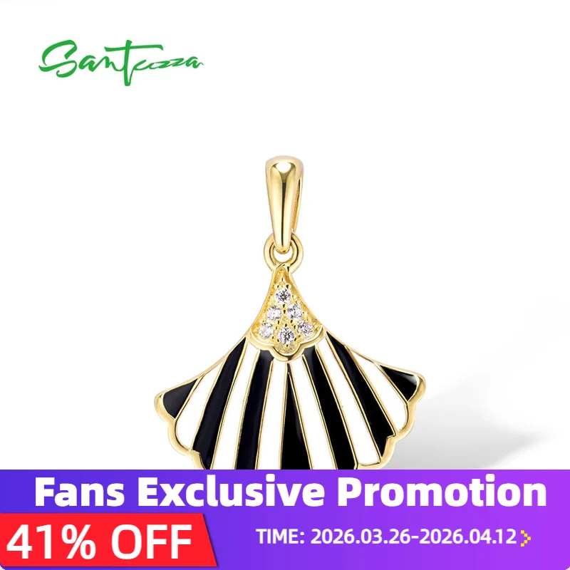 

SANTUZZA Pure 925 Sterling Silver Pendant For Women Sparkling White Black Enamel Fan Shape Wedding Gifts Trendy Fine Jewelry