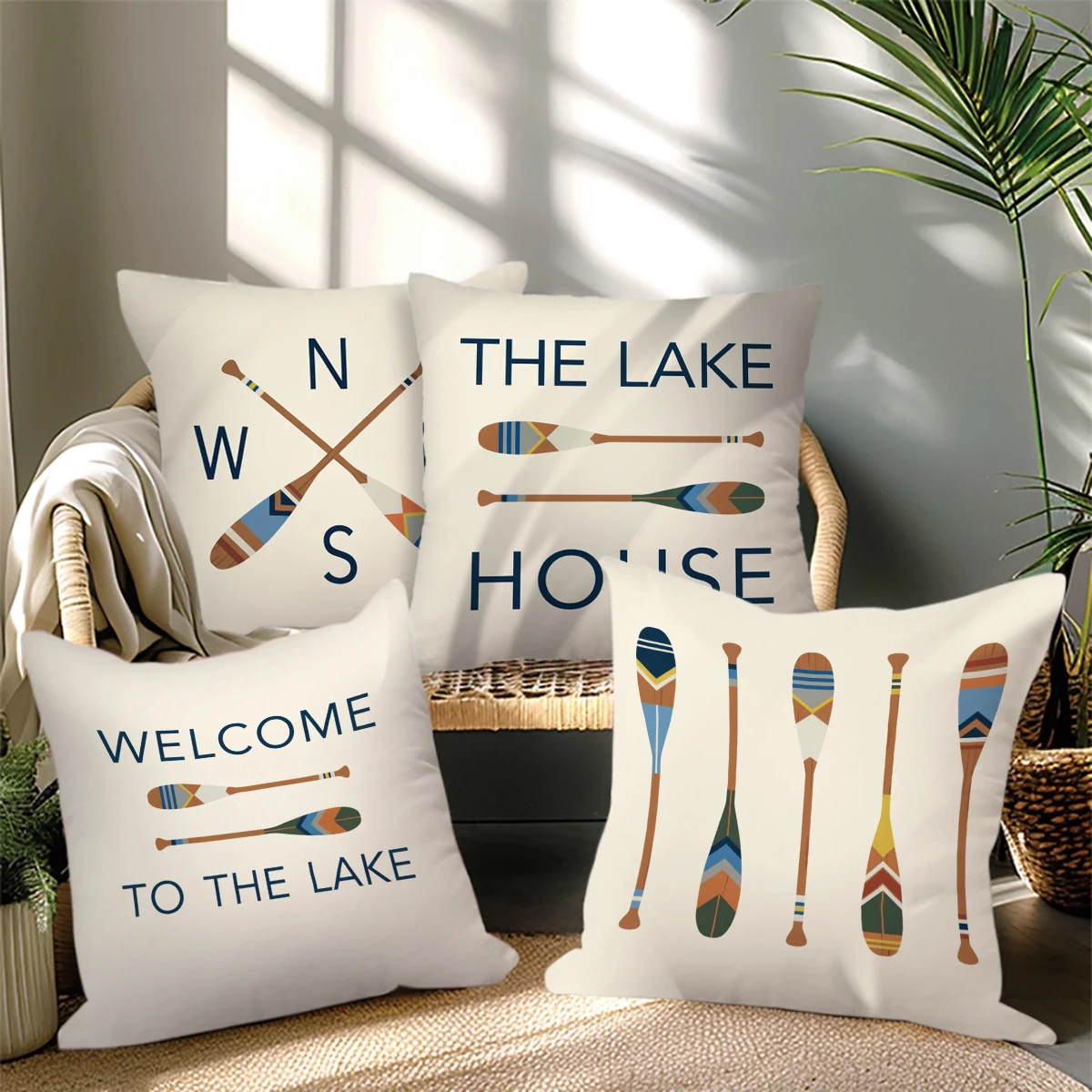 4pc Lake House Paddle Throw Pillow Covers Nautical Welcome Decorative Cushion Cases for Lake Home Living Room Bedroom
