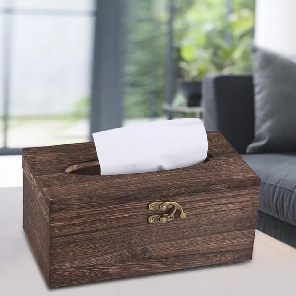 Solid Wood Tissue Case Vintage Metal Lock Desktop Tissue Box Household Home Living Room Decoration Storage Box Napkin Holder