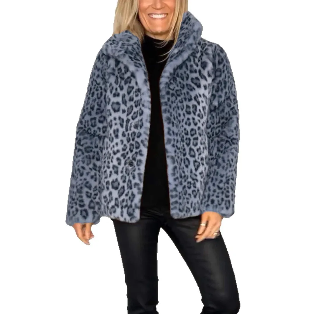 2025 Autumn and Winter Fashion Leopard Print Lapel Faux Fur Women's Short Jacket