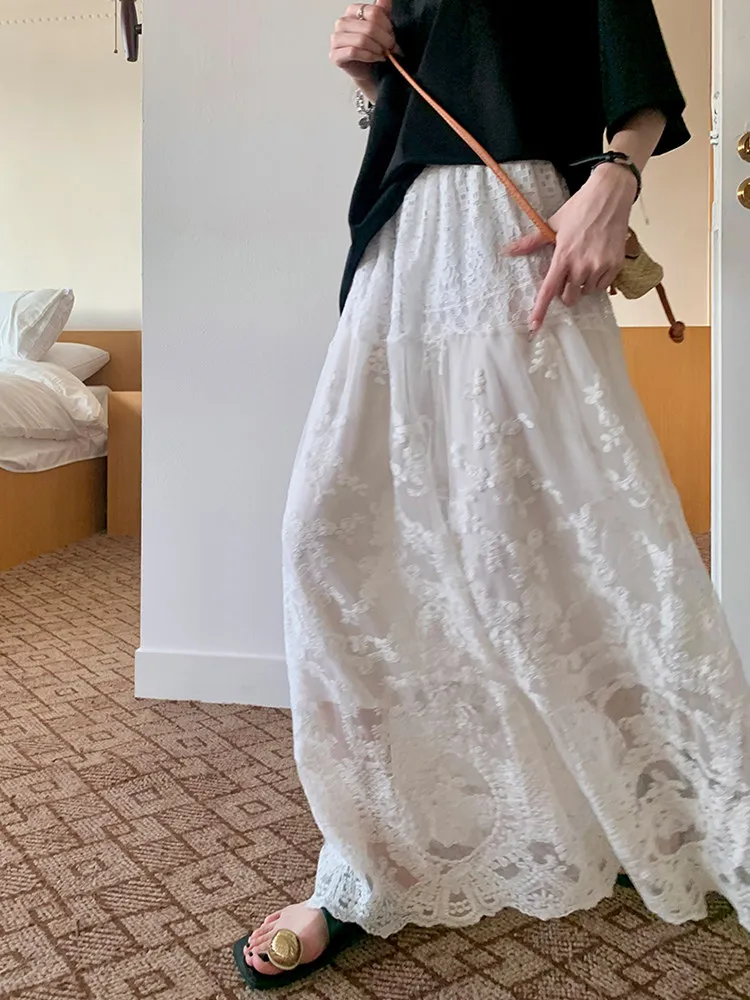 Heavy Embroidery White Lace A-Line  Skirt Women's Summer High Waist Slimming Large Skirt Spring Autumn Design Sensation
