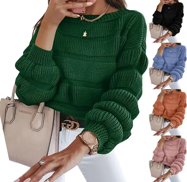 Street Style Women's Knitted Bubble Sleeves Top 2023 Autumn/Winter Hot Selling O Neck Solid Elegant  Casual Warm Comfortable