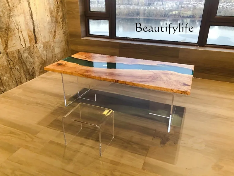 Epoxy resin light luxury tea table walnut river dining resin table acrylic suspension  tea table