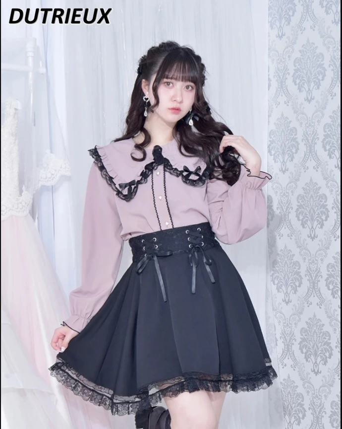 

Japanese Blouse Women Top Elegant Lace Solid Color Sweet Bow Mine Long Sleeve Bottoming Shirt JK Girl Spring Autumn New Camisas