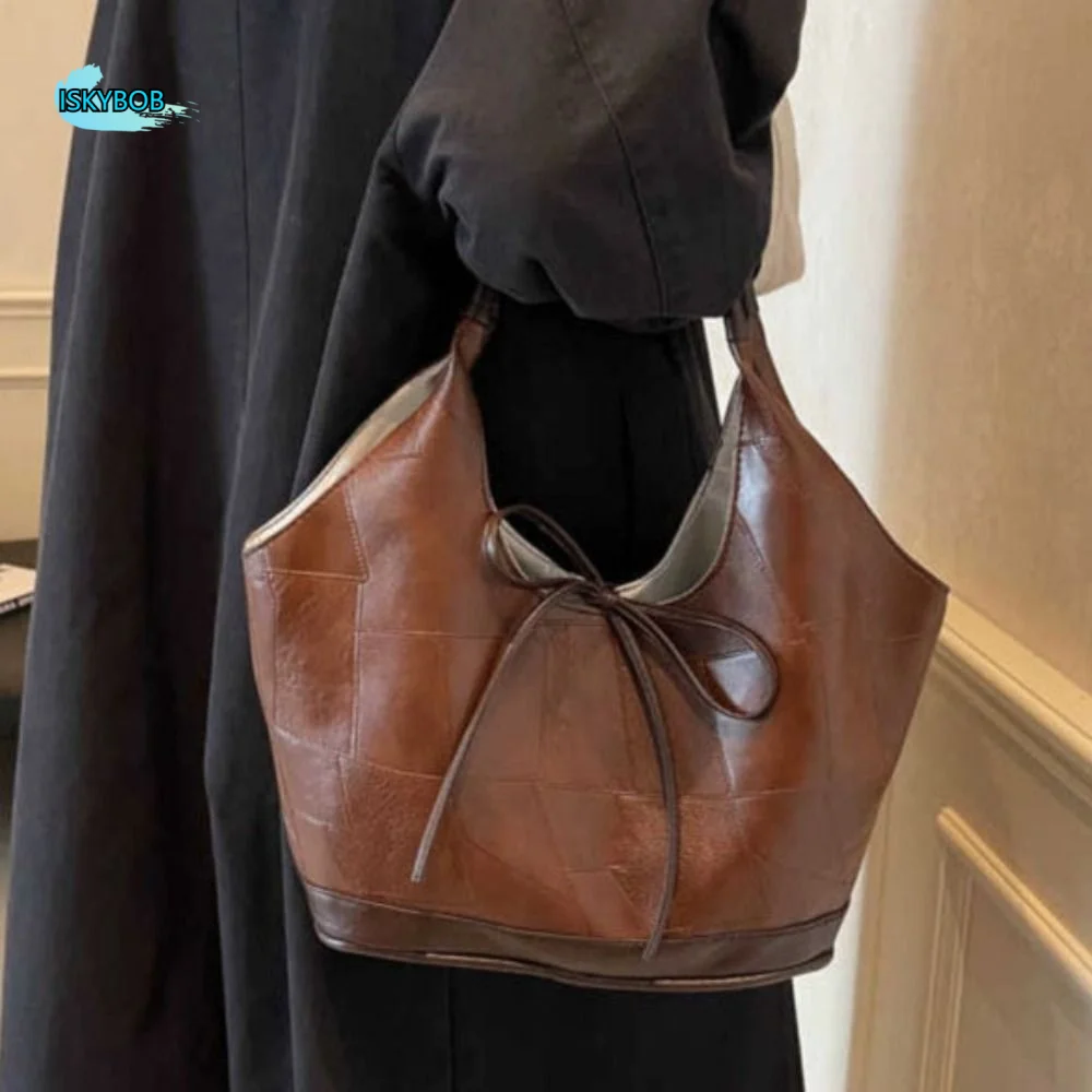 

PU Bow Underarm Bags Large Capacity Solid Color Y2k Shoulder Bag Korean Style Lightweight Leather Tote Bag Mobile Phone