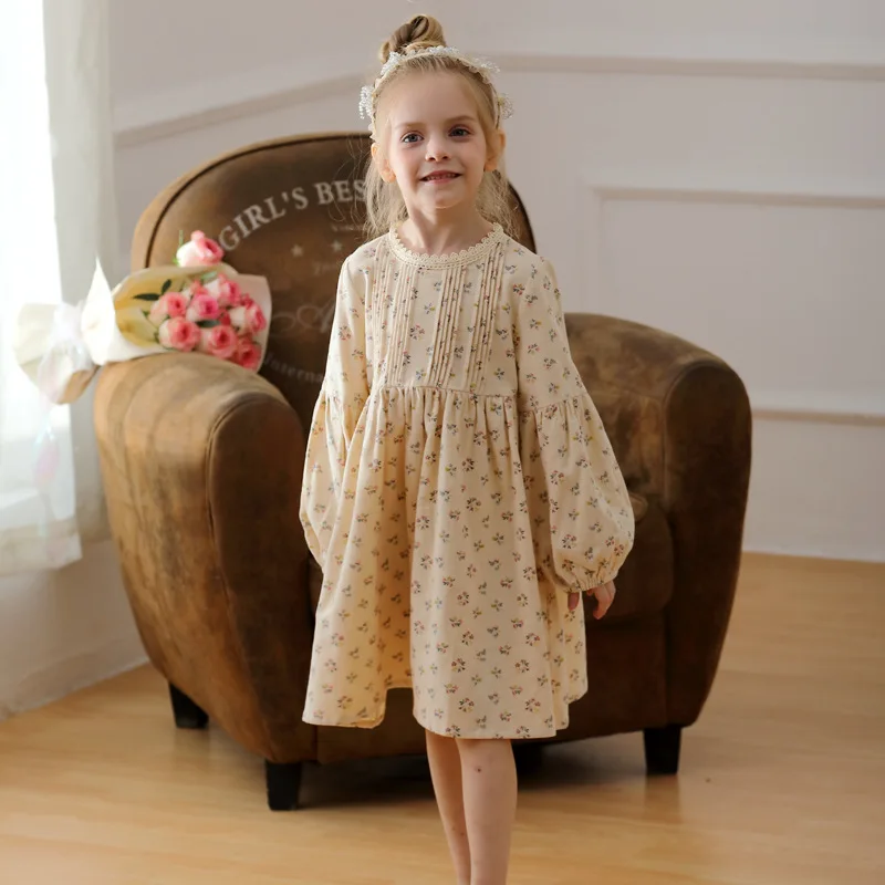 Spring Floral Stand Up Collar Pleated Girls' Dress Korean Version Autumn Style Bubble Long Sleeved Lace Sweet Princess Dress