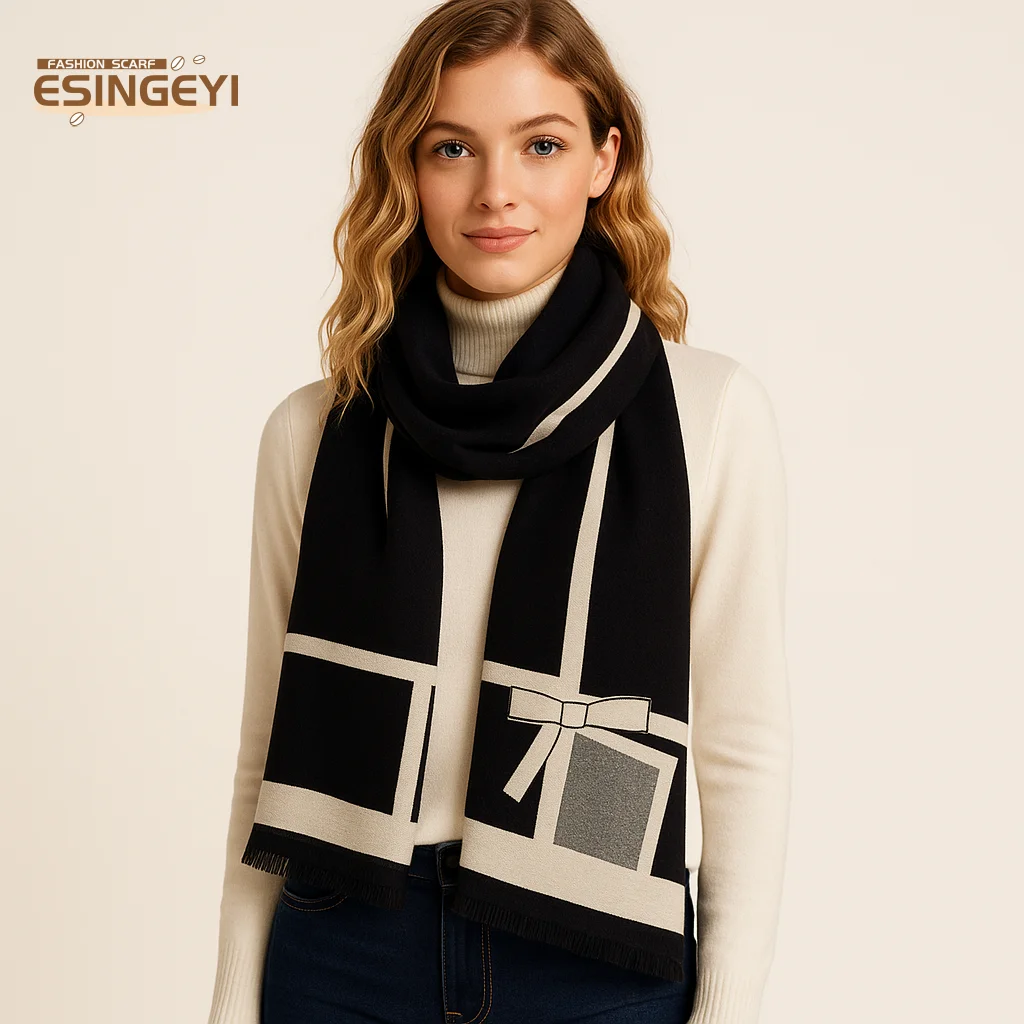 

ESINGEYI 2025 Winter Scarves Woman Foulards Femme Scarf Imitation Cashmere Bow Elegant pashmina Shawl Muffler Tippet