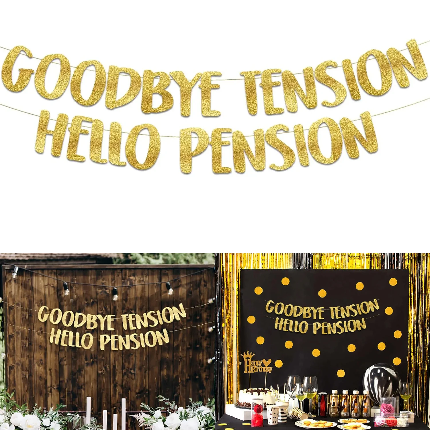 1 Juego de pancarta con purpurina dorada de adiós, tensión, Hello Pension, suministros para fiestas de jubilación, regalos y decoraciones
