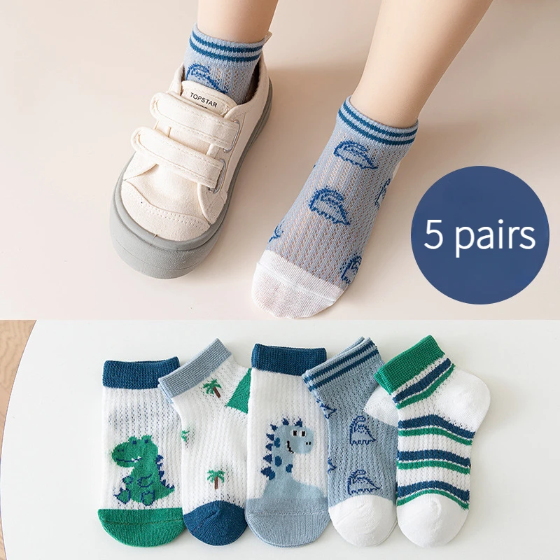 5 Pairs Of Kid's Cotton Fashion Cute Pattern Crew Socks, Comfy Breathable Thin Socks For Spring And Summer