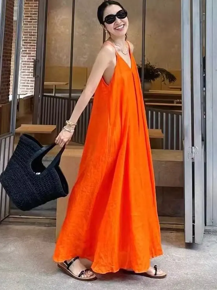 

Женское винтажное платье макси больших размеров с V-образным вырезом и бретелями, оранжевое, А-силуэт, для пляжа, свободный крой, корейский стиль, без рукавов, длинное