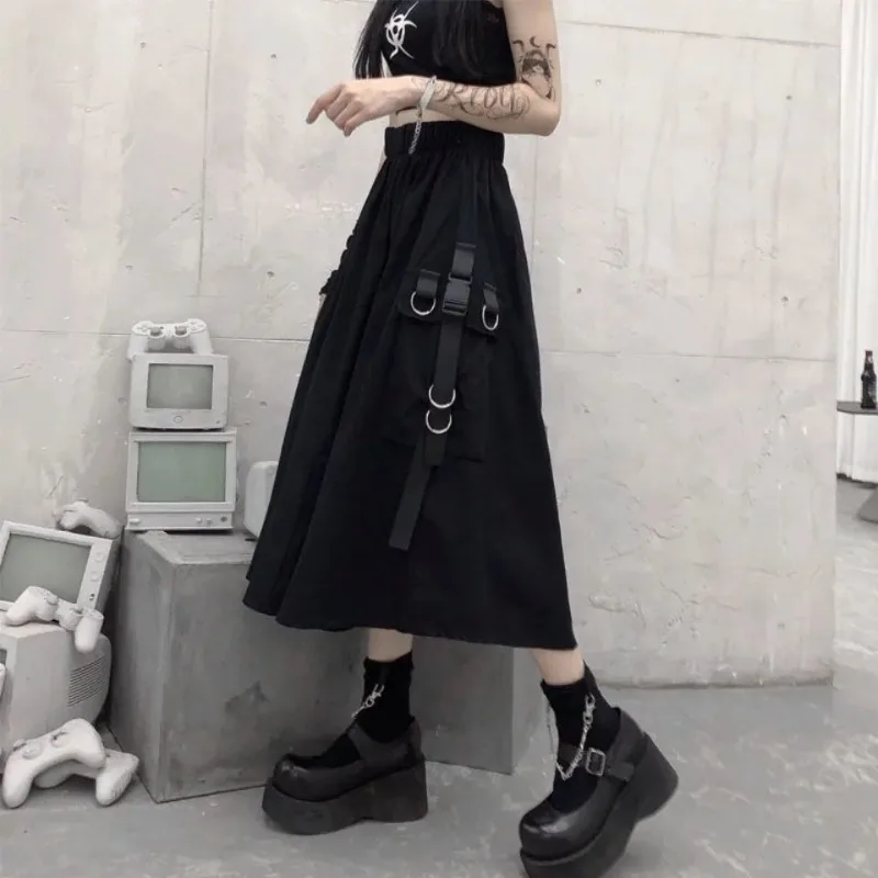 New 2025 Spring Autumn Women Skirt Fashion Korean Style Black Long Skirts with Chain Side Slit Hip Hop Streetwear