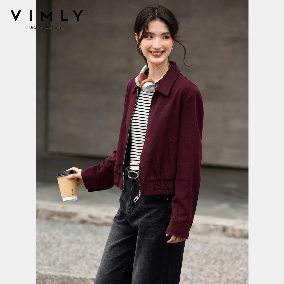 

VIMLY Autumn Red Short Jackets Vintage Woman 2025 Polo Neck Zip Up New in Coats & Jackets Elegant Pleated Hem Lady Tops A2582