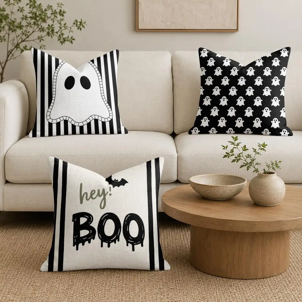 Halloween Ghost Print Cushion Cover Organic Linen Throw Pillow Cover - Double-Sided Print Breathable Cushion Case Home Decor