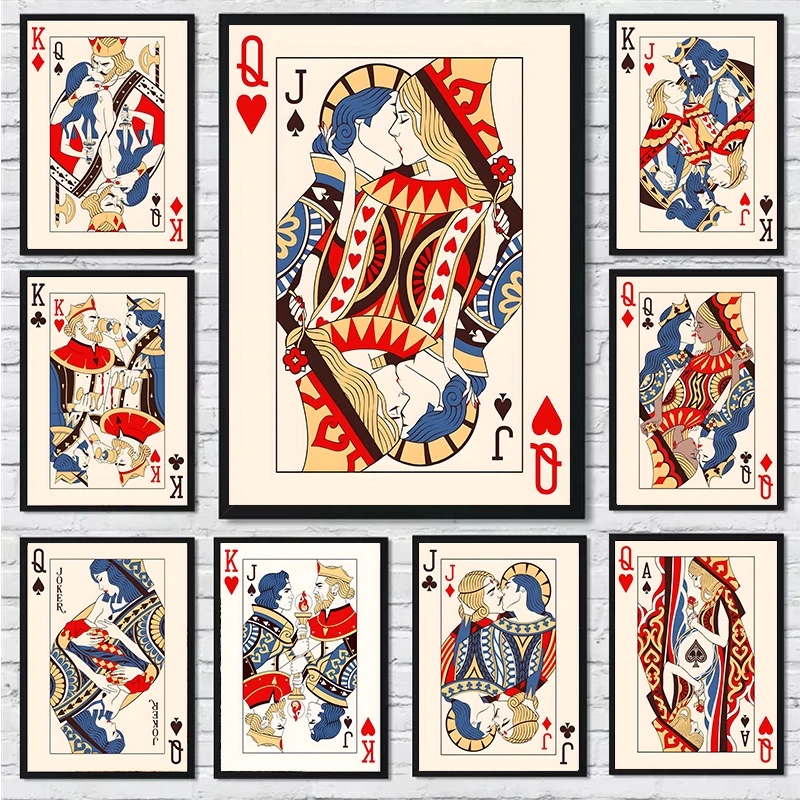 Vintage Poker King & Queen Cards Canvas Wall Art, Unframed Nordic Canvas Love Kiss Wall Picture Poster for Living Room Decortion