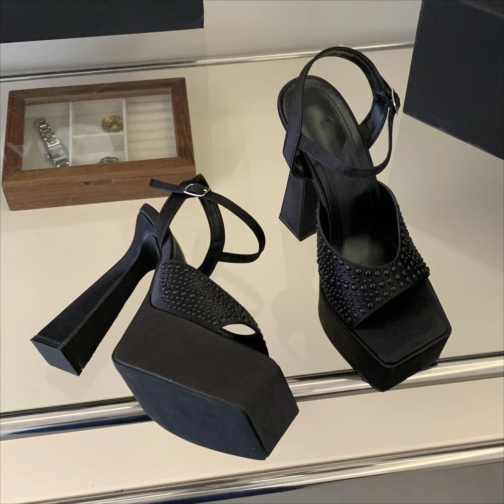 

Aneikeh Sexy Platform Ultra High Heels Sandals Women Thick Heels Pearl Exposed Toes Buckle Strap Banquet Party Ladies Shoes