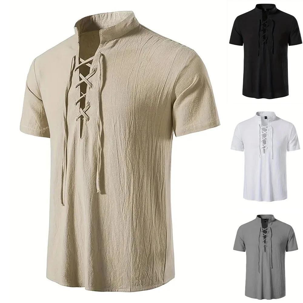 2026Men's Retro Shirt Short Sleeve Cotton Linen Lightweight Breathable Solid Color Fashion Tops Pirate V-neck Male Stylish Shirs